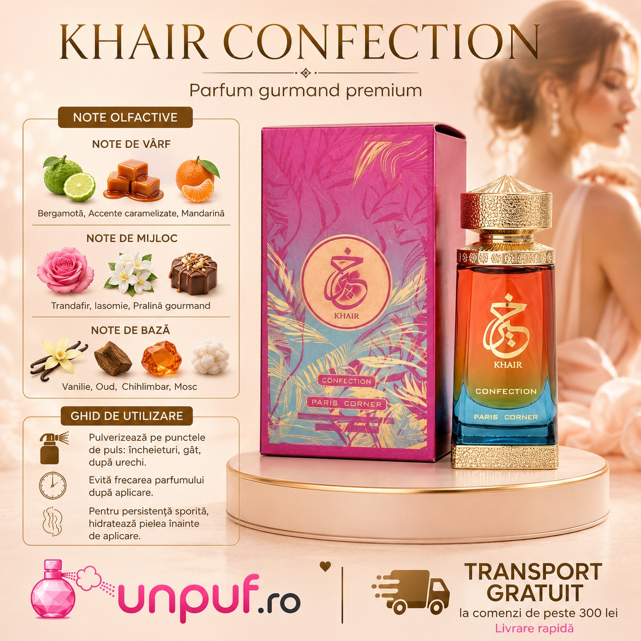 Khair Confection parfum gurmand premium cu note de bergamotă, accente caramelizate, mandarină, trandafir, iasomie, pralină gourmand, vanilie, oud, chihlimbar și mosc