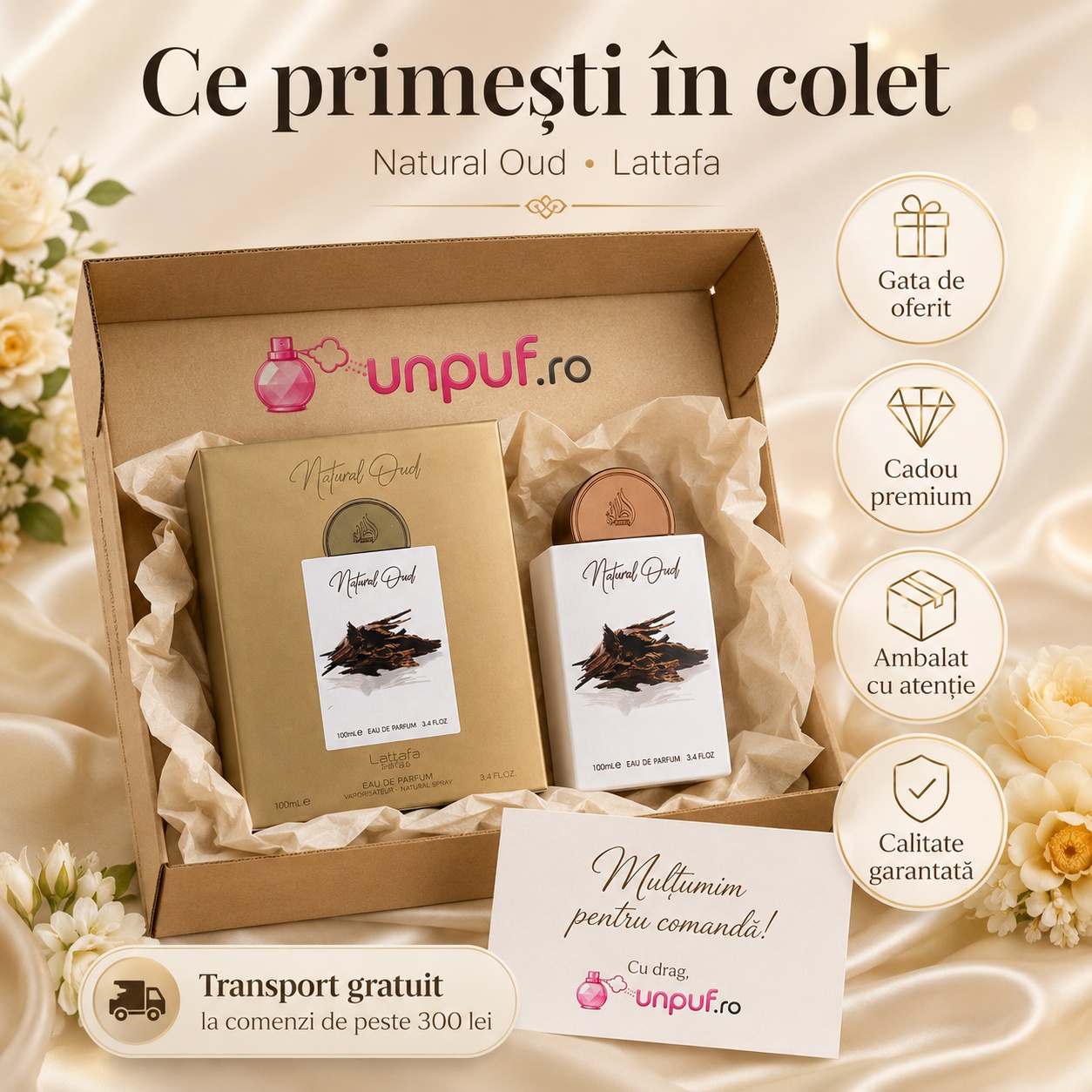 Ce primești &icirc;n colet Lattafa Natural Oud 100 ml parfum bărbat ambalat cu atenție cadou premium