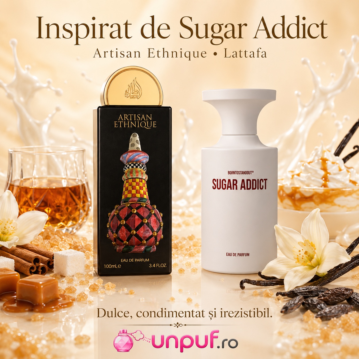 Lattafa Pride Artisan Ethnique inspirat din Sugar Addict, parfum damă dulce condimentat și irezistibil