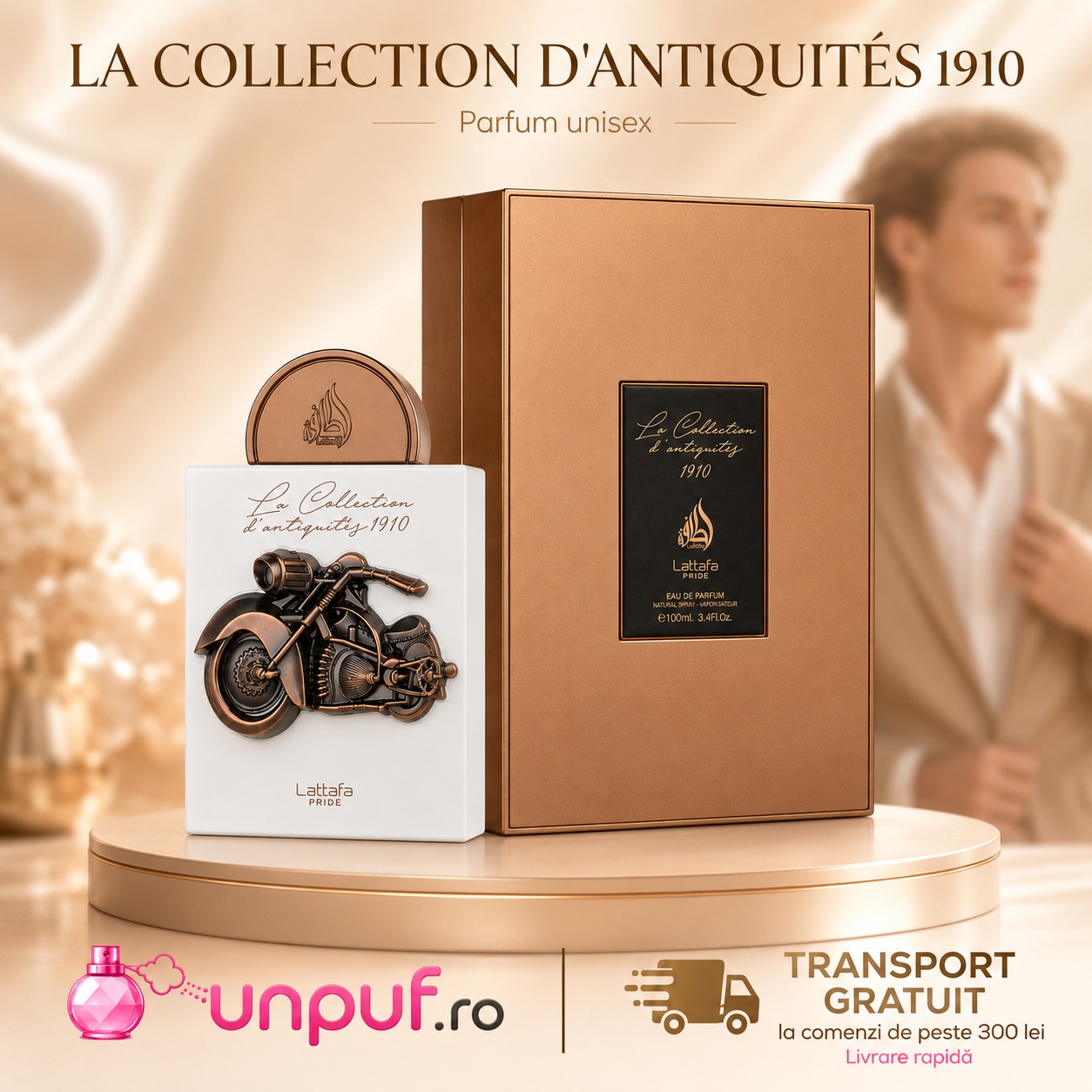 Lattafa Pride La Collection 1910 Bike parfum 100 ml cu flacon alb și cutie bronz premium