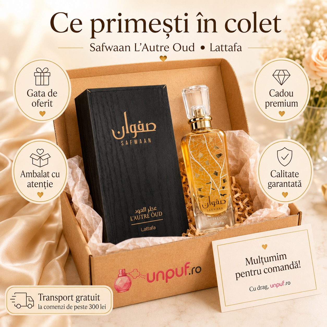 Ce primești &icirc;n colet Lattafa Safwaan L&rsquo;Autre Oud 100 ml parfum bărbătesc ambalat cu atenție cadou premium