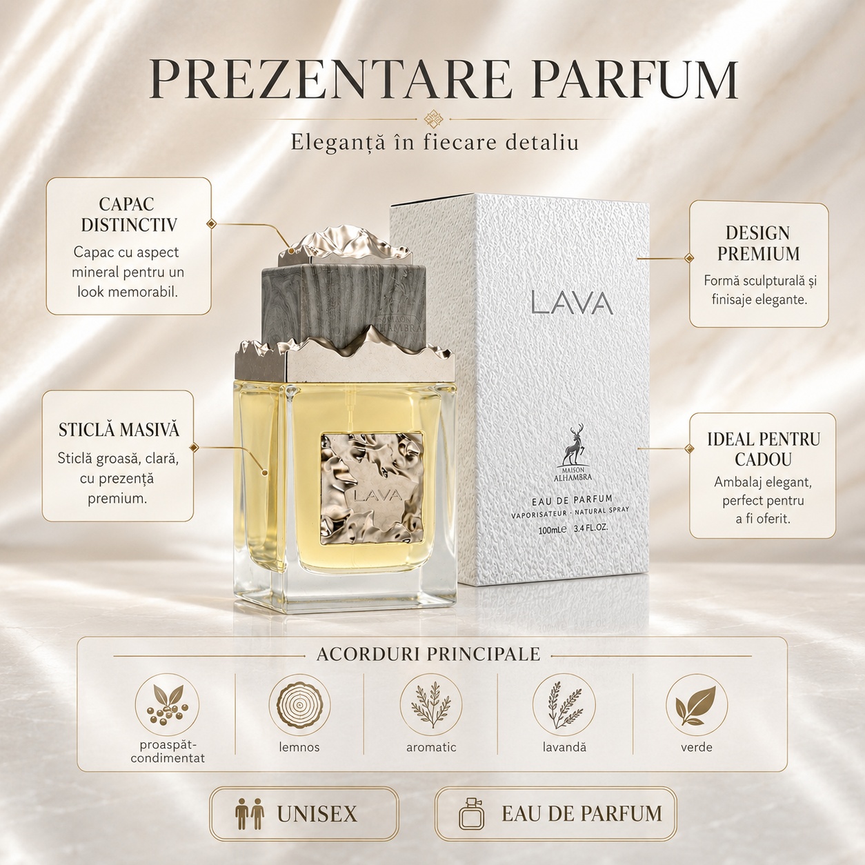 Prezentare parfum Lava Maison Alhambra cu capac distinctiv, sticlă masivă, design premium și detalii elegante
