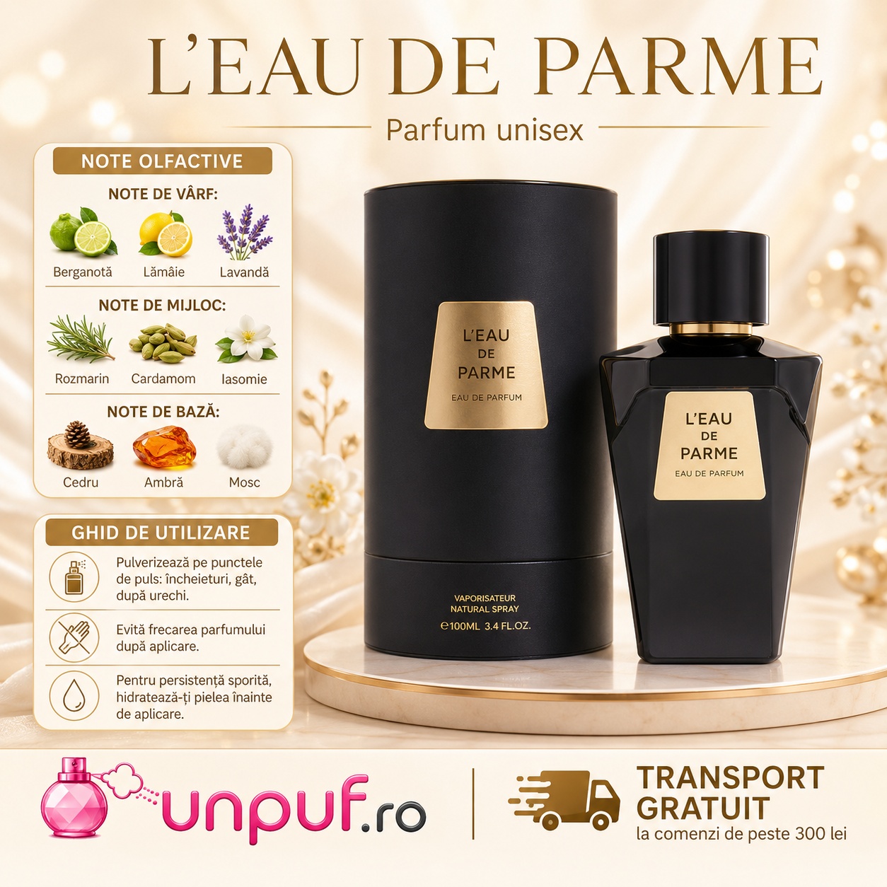 Note olfactive Le Vogue L’Eau De Parme: bergamotă, lămâie, lavandă, rozmarin, cardamom, iasomie, cedru, ambră și mosc