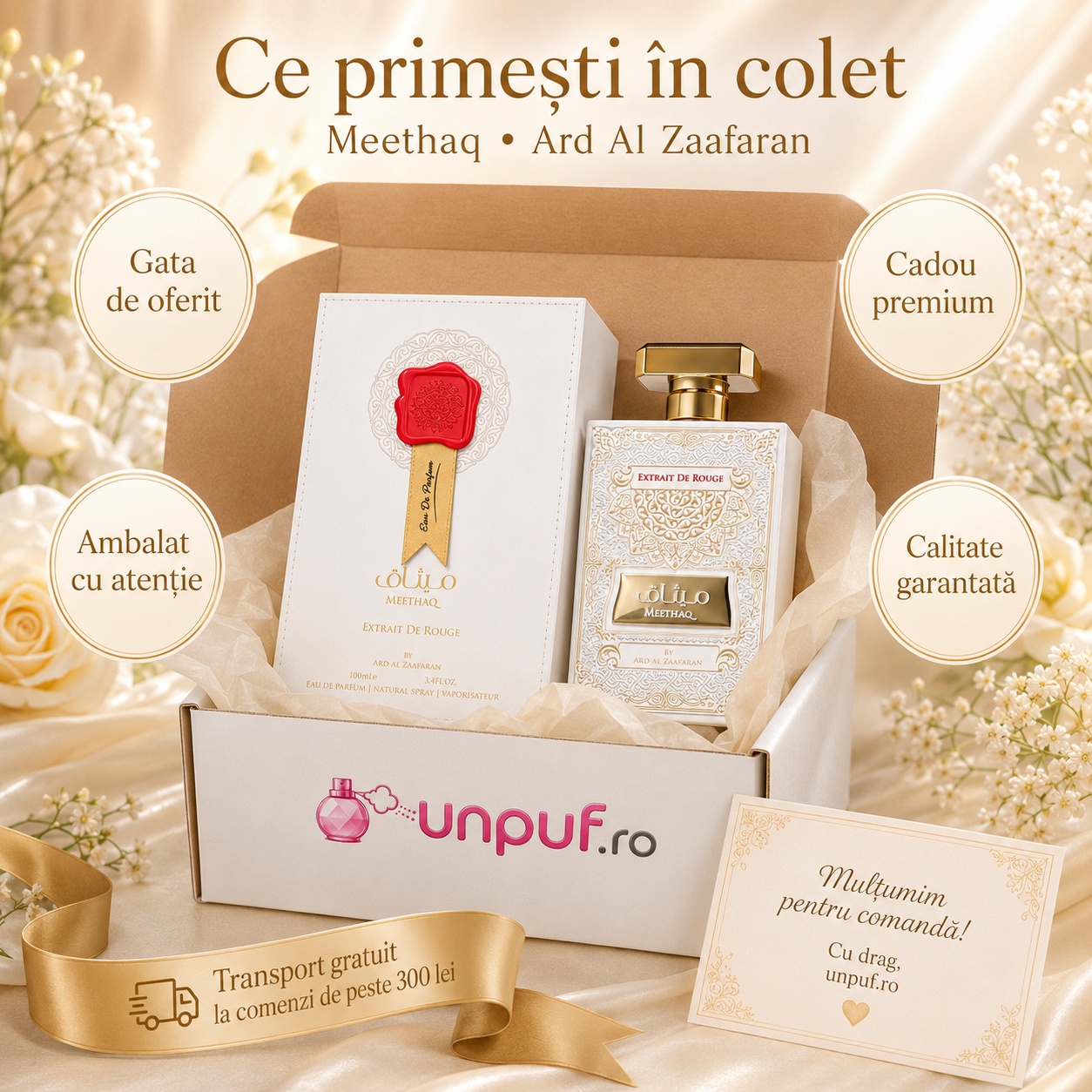 Ce primești &icirc;n colet Parfum Meethaq Extrait de Rouge Ard Al Zaafaran 100 ml ambalat cu atenție