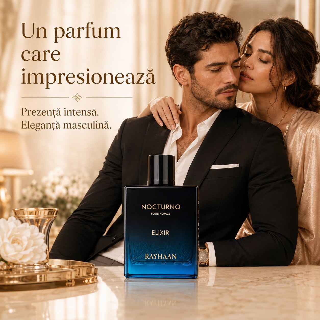 Nocturno Elixir Rayhaan parfum care impresionează cu prezență intensă și eleganță masculină