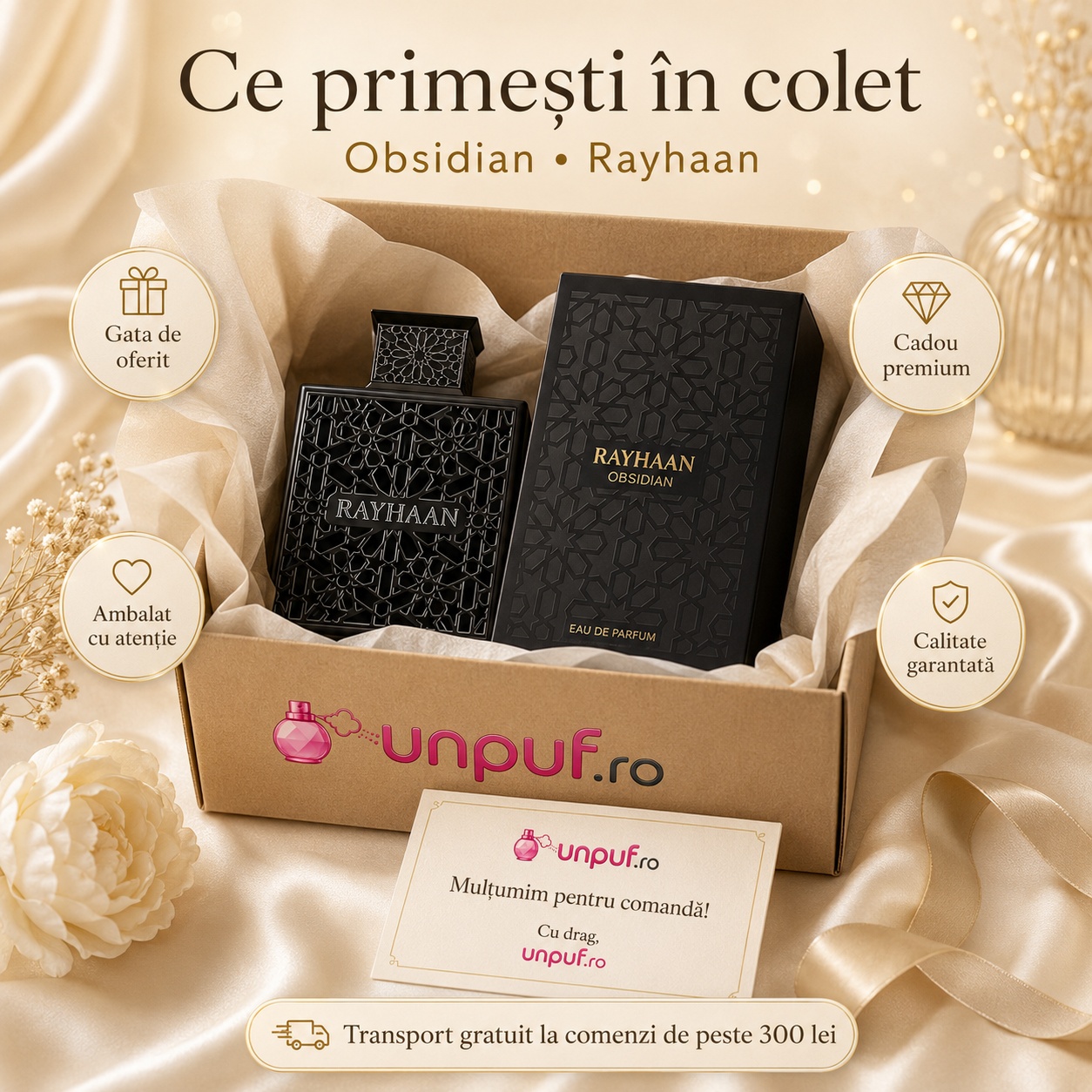 Ce primești &icirc;n colet Obsidian Rayhaan parfum arabesc ambalat cu atenție de unpuf.ro, cadou premium și transport gratuit peste 300 lei