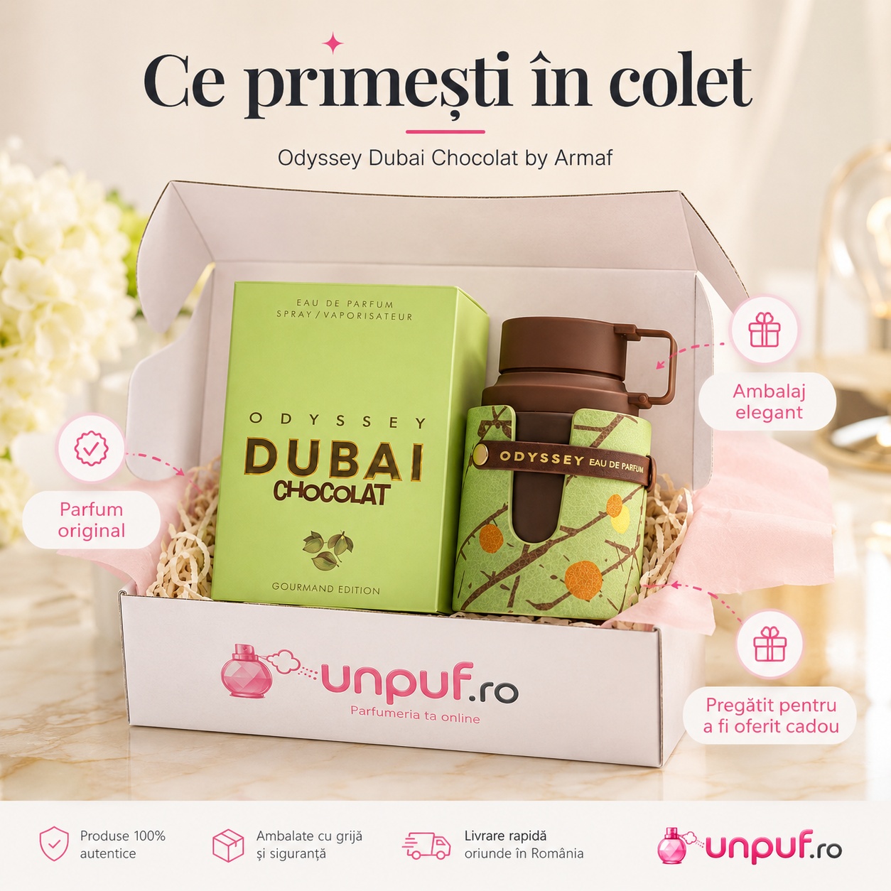 Ce primești &icirc;n colet Parfum Odyssey Dubai Chocolate Armaf 100 ml ambalat cu atenție