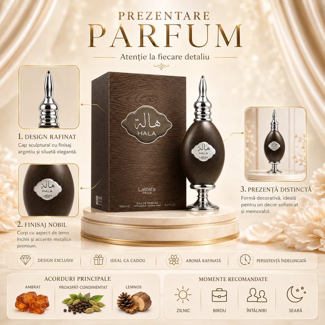 Prezentare parfum Hala Lattafa Pride cu design rafinat, finisaj nobil, prezență distinctă și acorduri principale