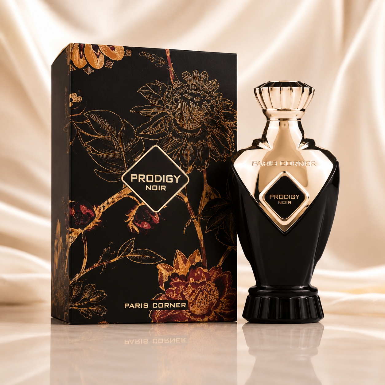 Parfum Arăbesc Prodigy Noir Paris Corner 100 ml Apă de Parfum Bărbat cu sticlă neagră aurie și cutie premium