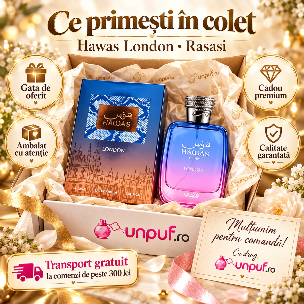 Ce primești în colet Rasasi Hawas London 100 ml
