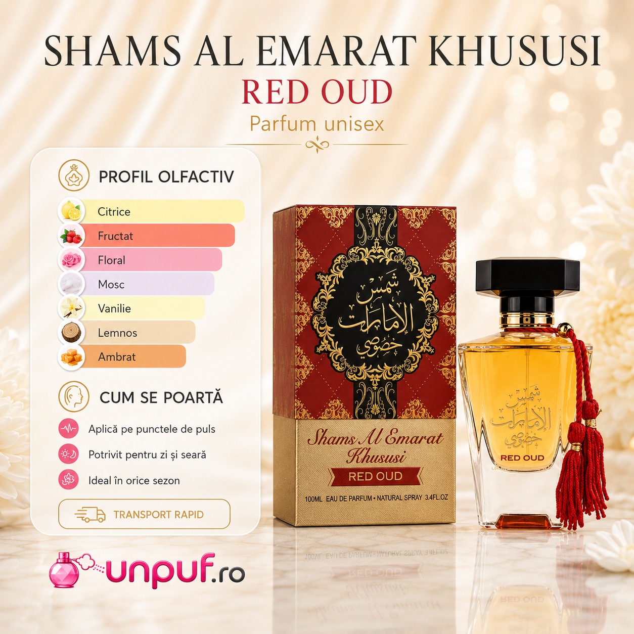 Shams Al Emarat Khususi Red Oud profil olfactiv citrice fructat floral mosc vanilie lemnos și ambrat
