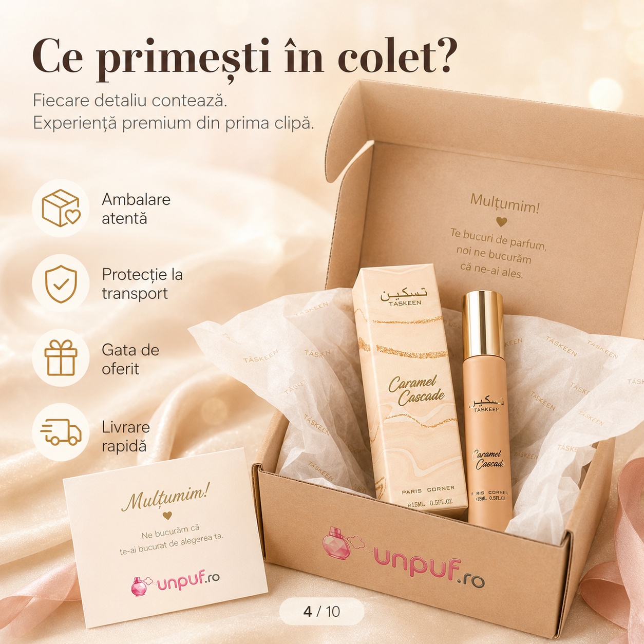 Ce primești &icirc;n colet Parfum Taskeen Caramel Cascade Paris Corner 15 ml ambalat cu atenție pentru cadou