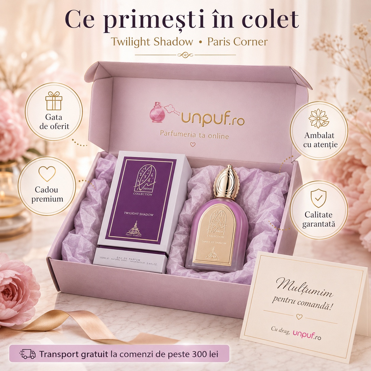 Ce primești &icirc;n colet Parfum Twilight Shadow Musk Collection Paris Corner 100 ml ambalat premium pentru cadou