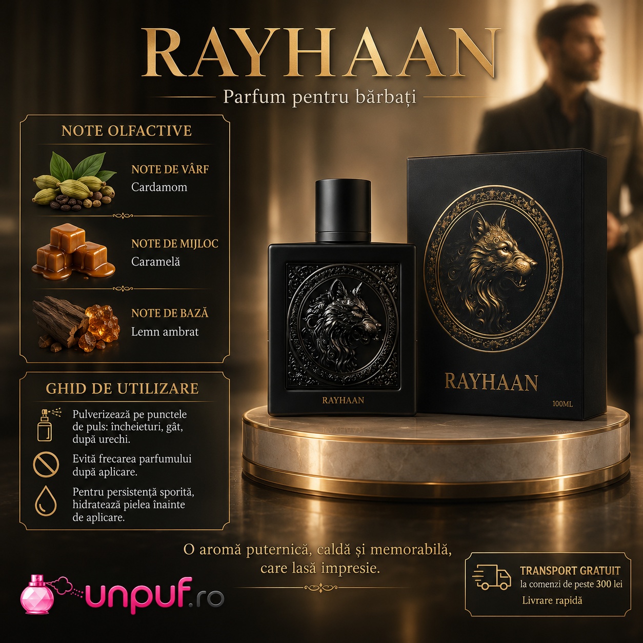 Ghid de utilizare Wolf Rayhaan parfum cu cardamom, caramelă, lemn ambrat, aromă puternică și transport gratuit peste 300 lei