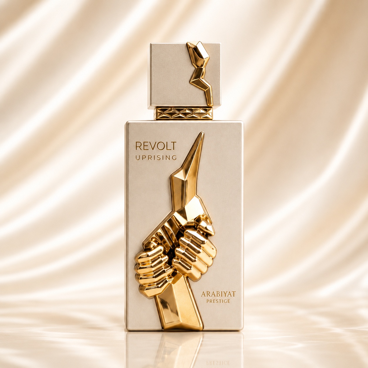 Flacon Arabiyat Prestige Revolt Uprising 100 ml bej metalizat cu detalii aurii sculpturale și capac angular