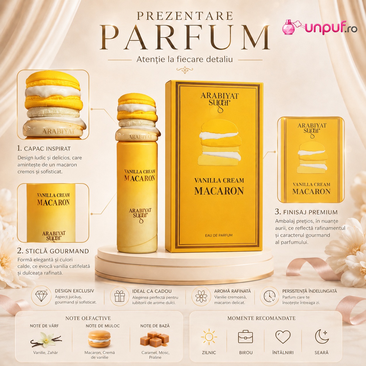 Prezentare Arabiyat Sugar Vanilla Cream Macaron cu note olfactive, design gourmand și momente recomandate