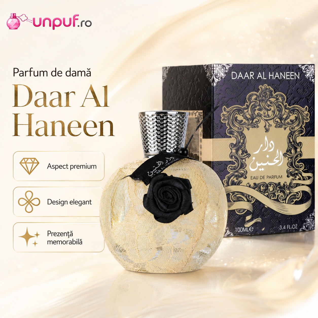 Daar Al Haneen Ard Al Zaafaran parfum de damă cu design elegant, aromă orientală și prezentare luxoasă