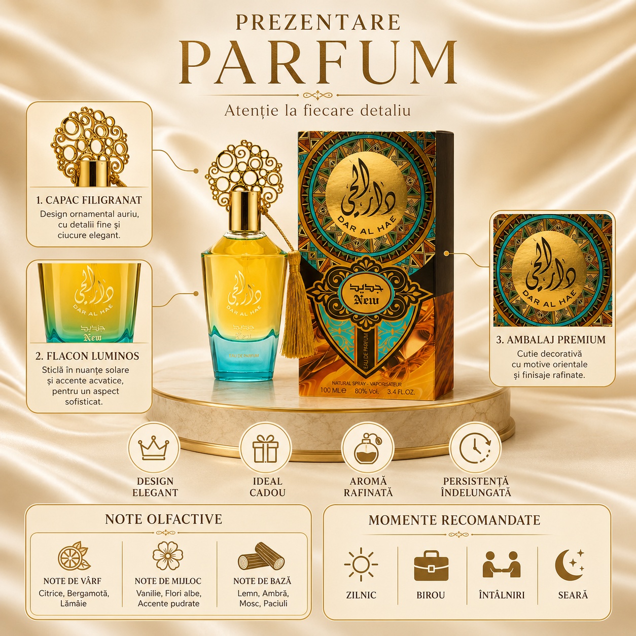 Prezentare parfum Dar Al Hae New Ard Al Zaafaran cu flacon luminos, capac filigranat, ambalaj premium și note olfactive