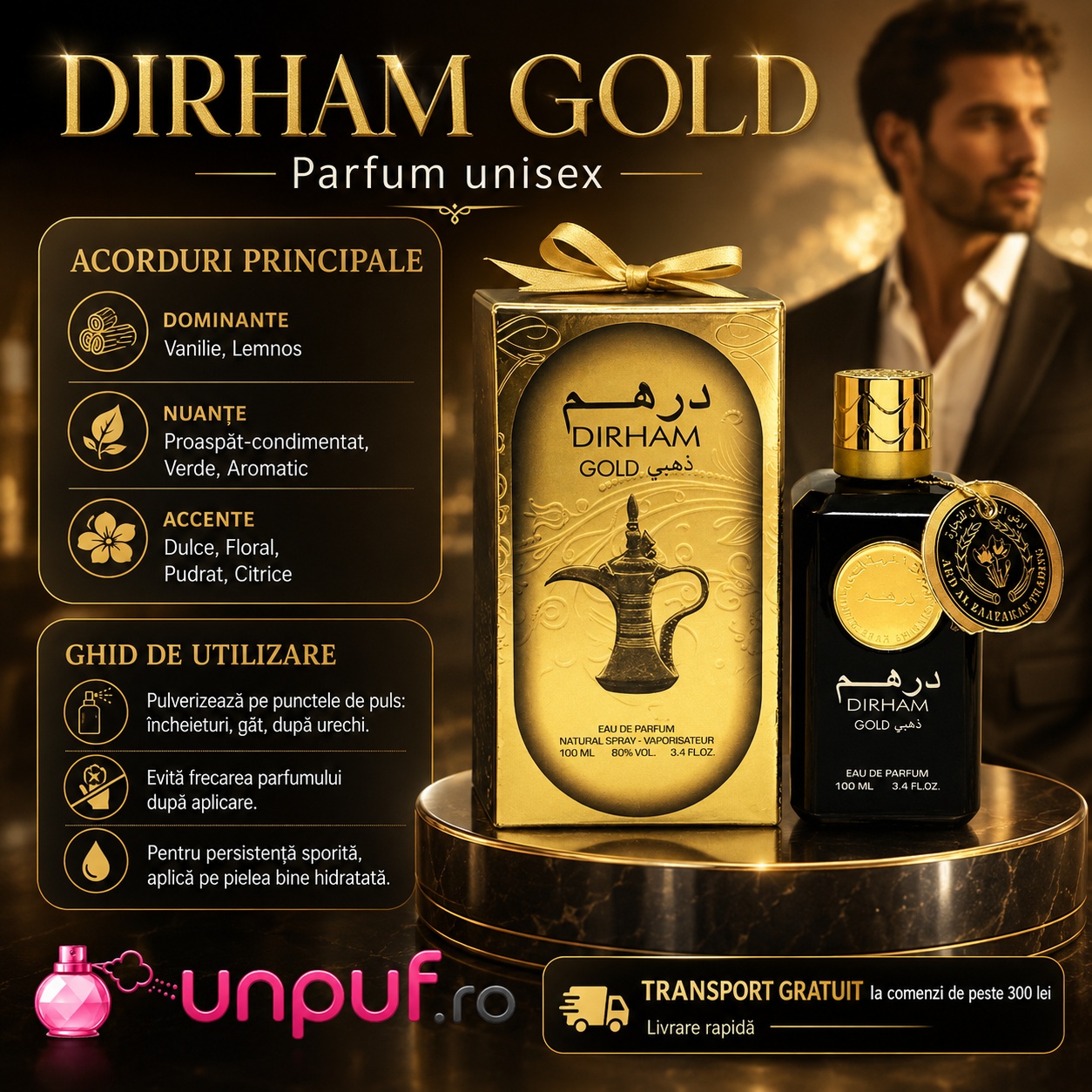 Prezentare premium Ard Al Zaafaran Dirham Gold parfum unisex elegant și persistent