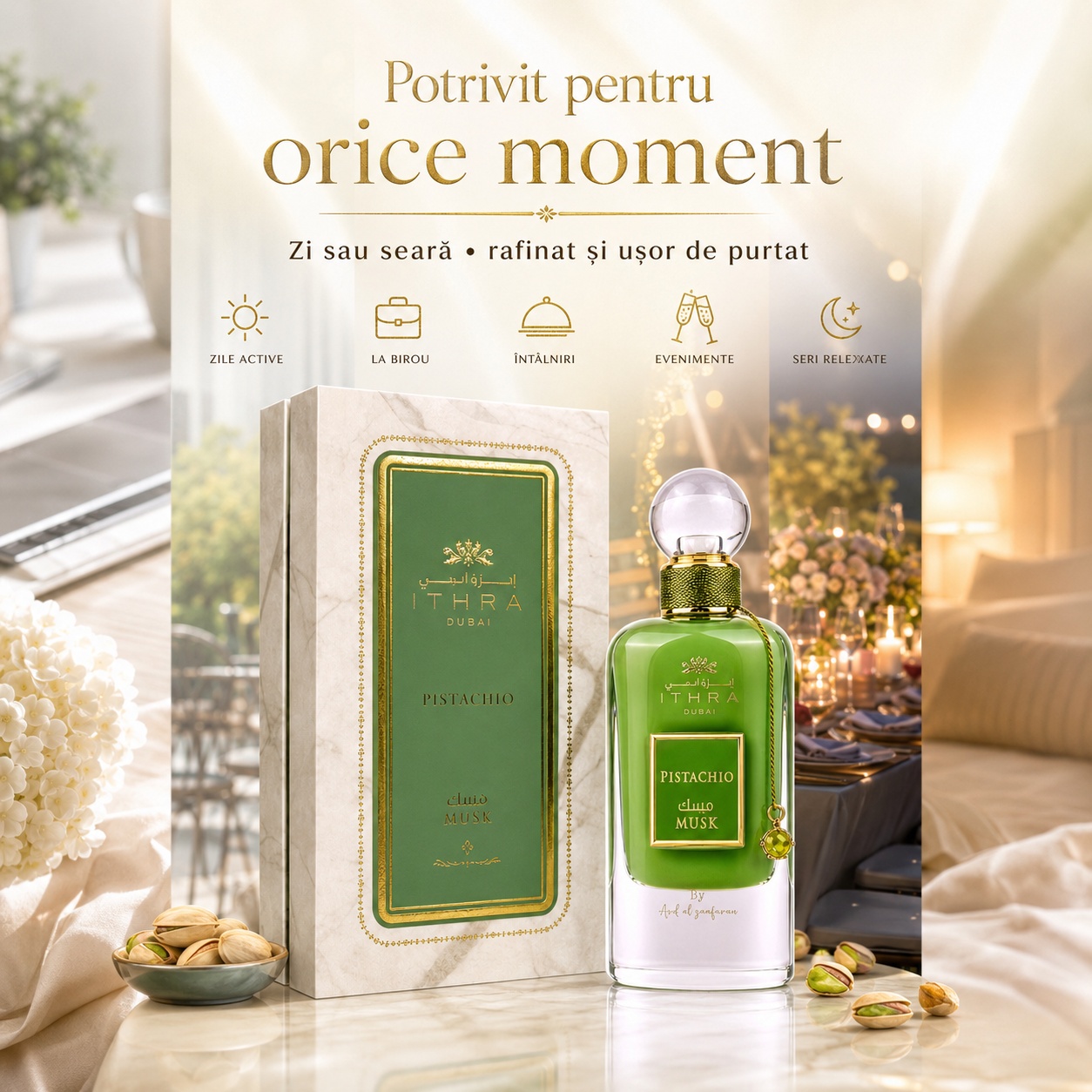 Ithra Pistachio potrivit pentru orice moment, zi, birou, &icirc;nt&acirc;lniri, evenimente și seri relaxate