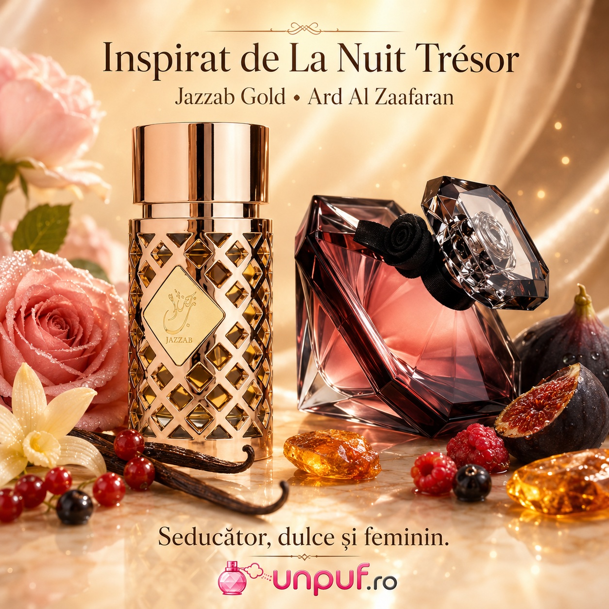 Jazzab Gold Ard Al Zaafaran inspirat de La Nuit Tr&eacute;sor, parfum feminin dulce și seducător
