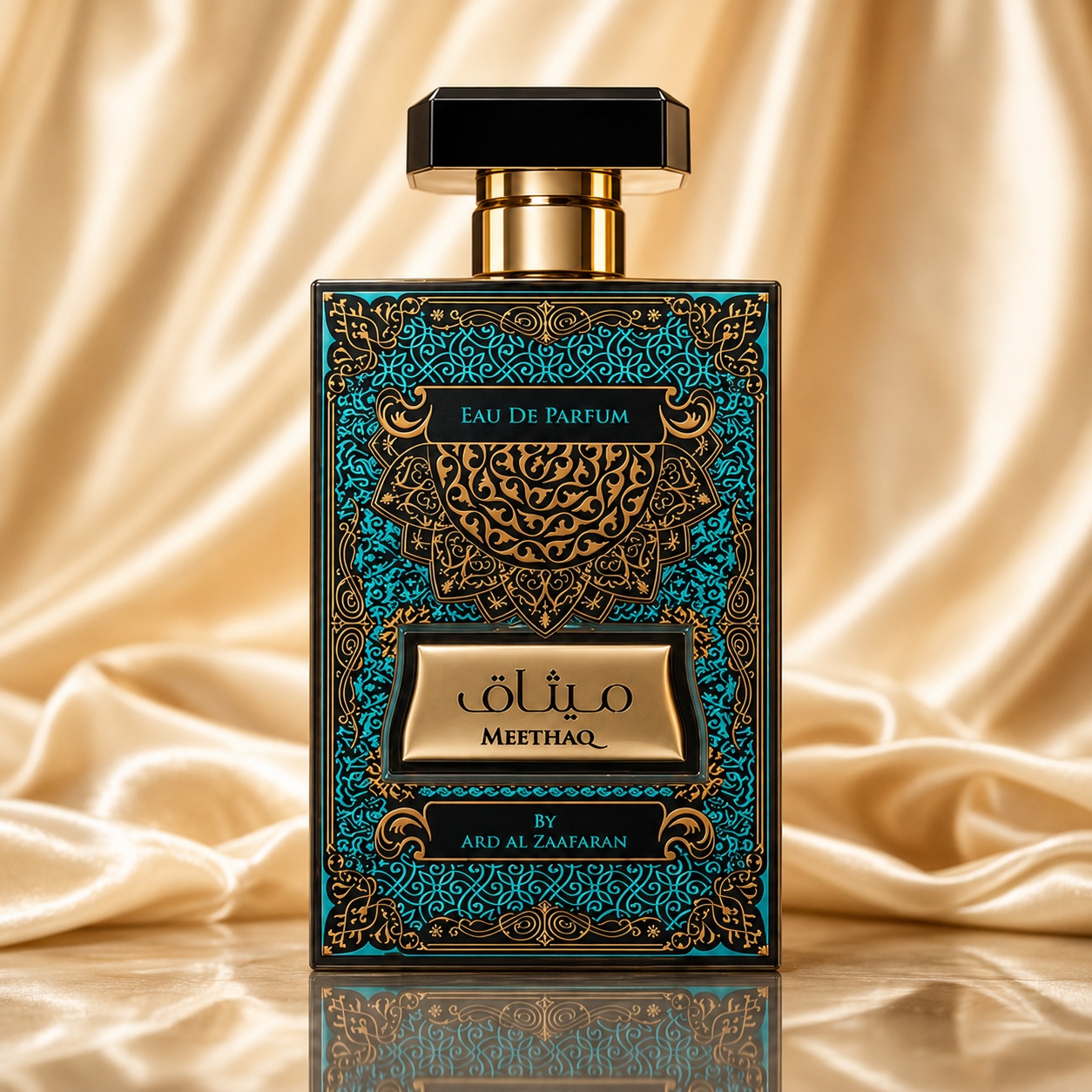Flacon Meethaq Ard Al Zaafaran 100 ml parfum arăbesc unisex cu design turcoaz negru și detalii aurii