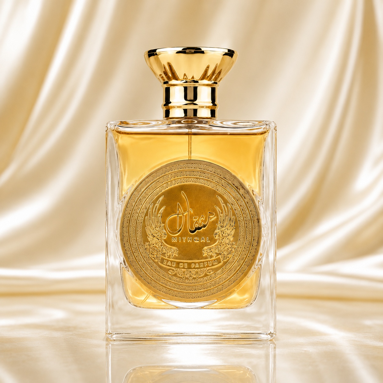 Flacon Mithqal Ard Al Zaafaran 100 ml parfum arăbesc unisex cu medalion auriu și capac elegant
