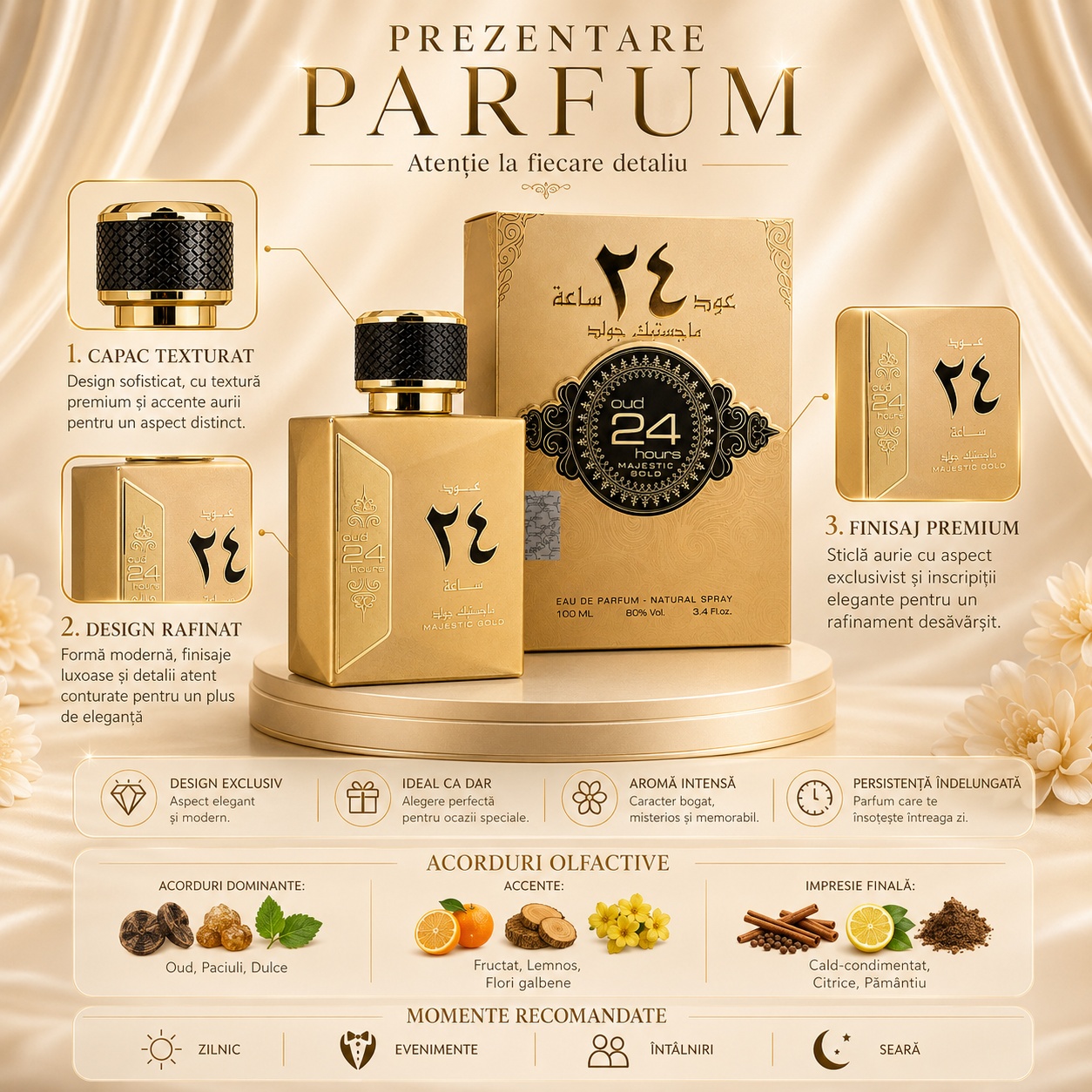 Prezentare parfum Oud 24 Hours Majestic Gold cu capac texturat, design rafinat, finisaj premium și acorduri olfactive