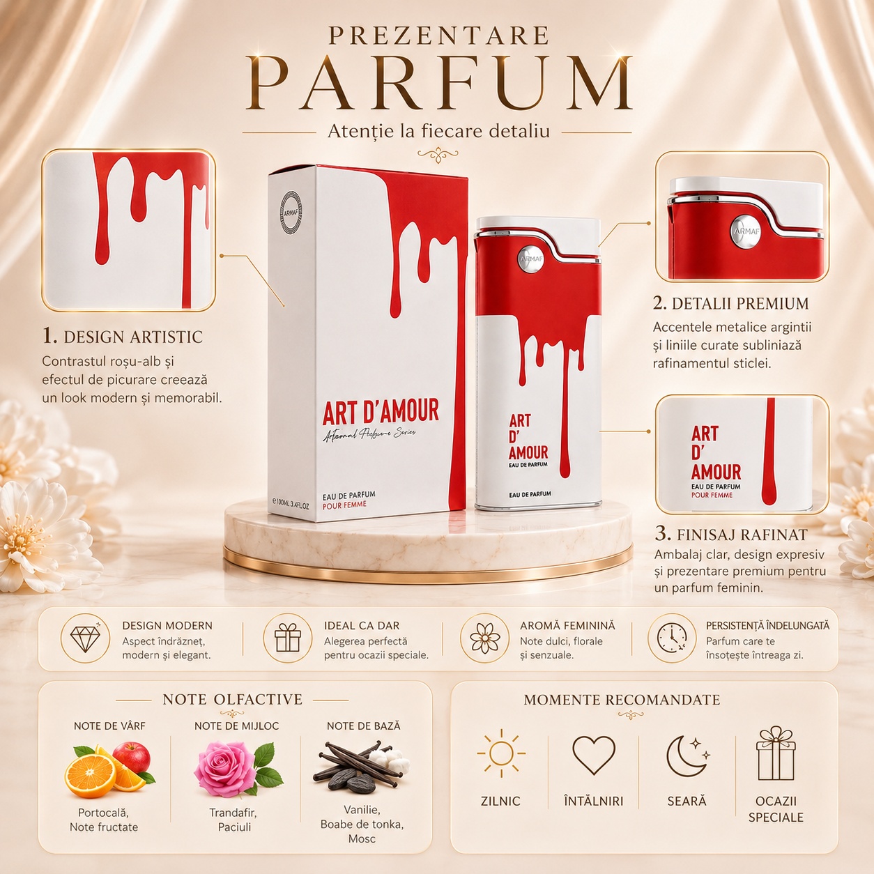 Prezentare Armaf Art D&rsquo;Amour cu design artistic, detalii premium, note de portocală, trandafir, paciuli, vanilie, boabe de tonka și mosc