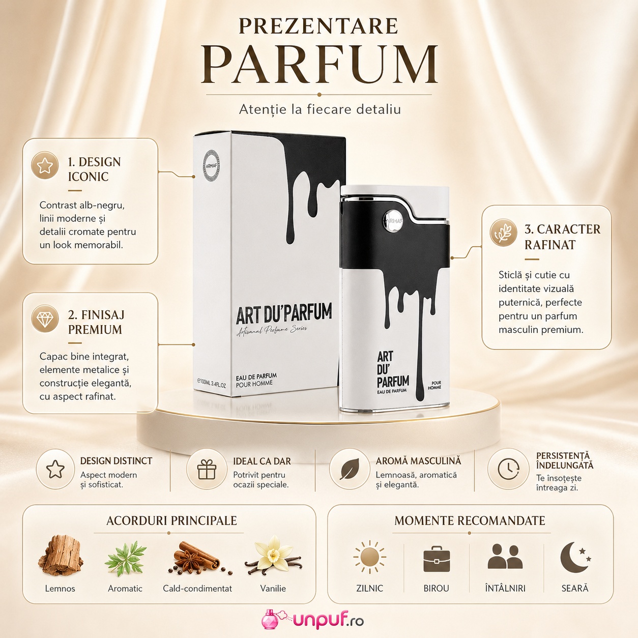 Prezentare Armaf Art Du&rsquo;Parfum cu design iconic, finisaj premium, caracter rafinat și acorduri lemnoase aromatice
