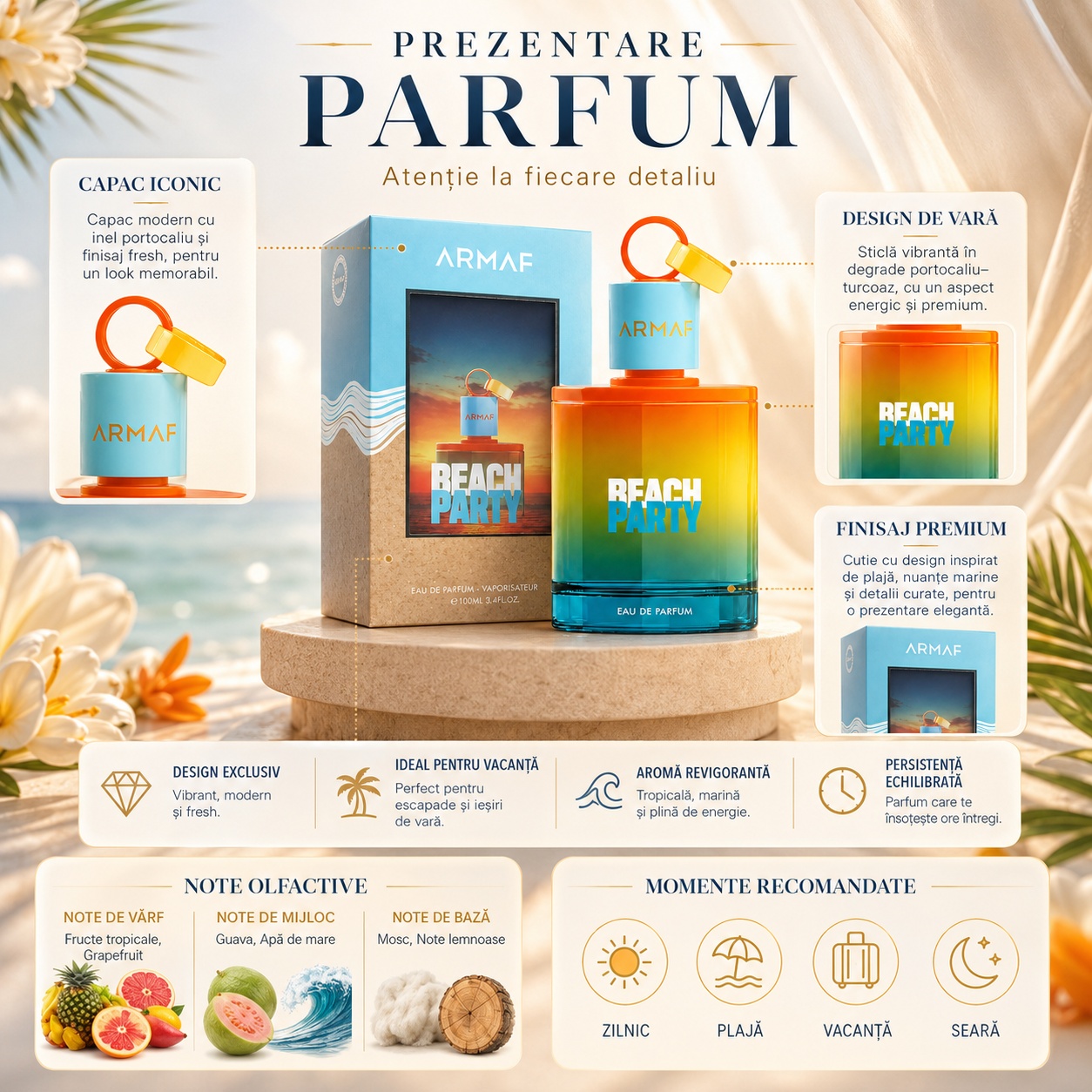 Prezentare Parfum Arăbesc Armaf Beach Party cu fructe tropicale grapefruit guava apă de mare mosc și note lemnoase