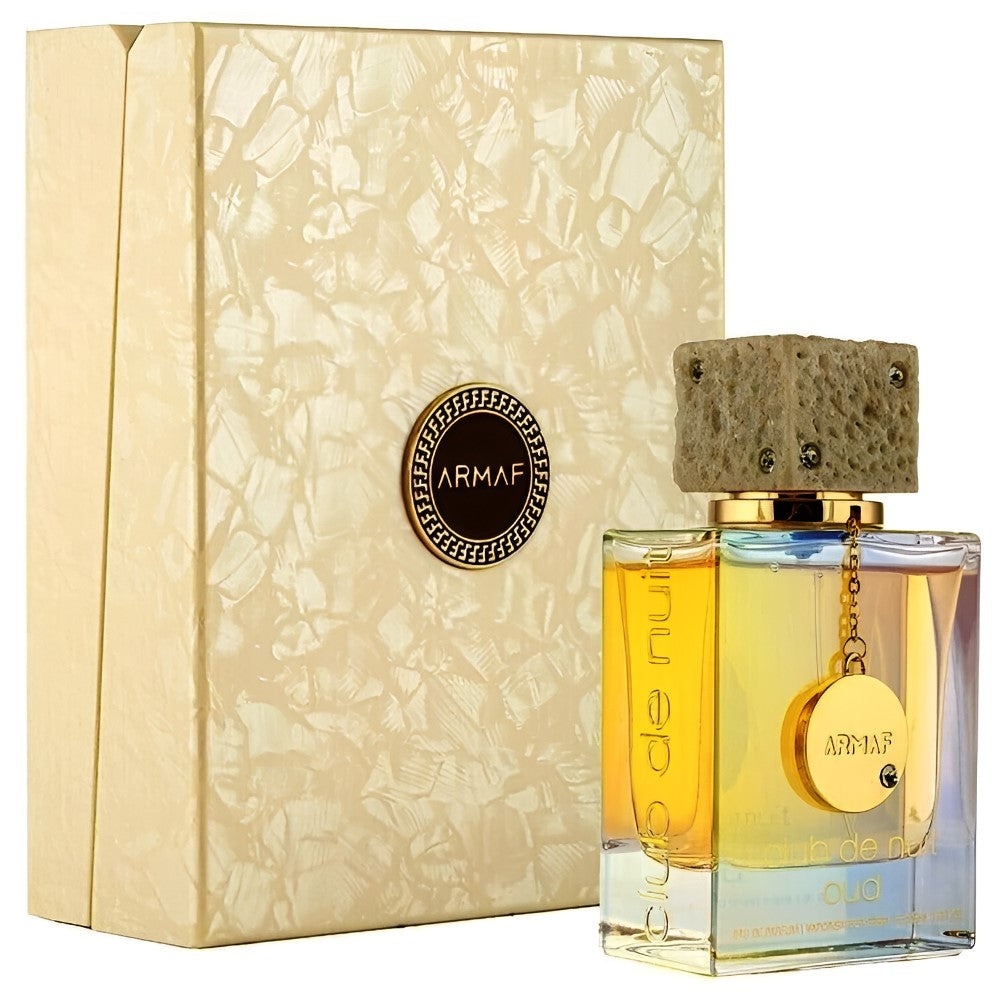 Flacon original Armaf Club De Nuit Oud 105 ml cu cutie crem sidefată și design premium