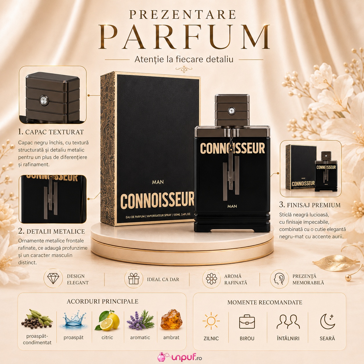 Prezentare parfum Armaf Connoisseur For Him cu flacon, cutie premium, acorduri principale și momente recomandate