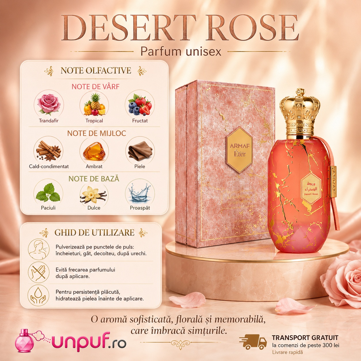 Armaf Eter Desert Rose parfum floral oriental cu trandafir, ambră, vanilie și mosc