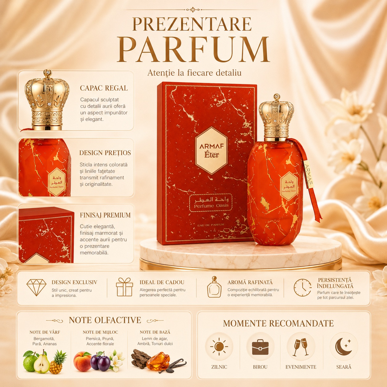 Prezentare Armaf Eter Parfum Oasis cu note de bergamotă, pară, ananas, piersică, prună, accente florale, lemn de agar, ambră și tonuri dulci