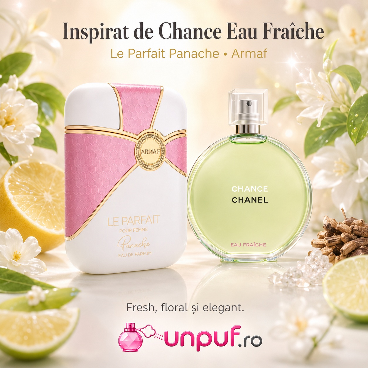 Armaf Le Parfait Pour Femme Panache inspirat de Chance Eau Fraiche, parfum fresh floral și elegant