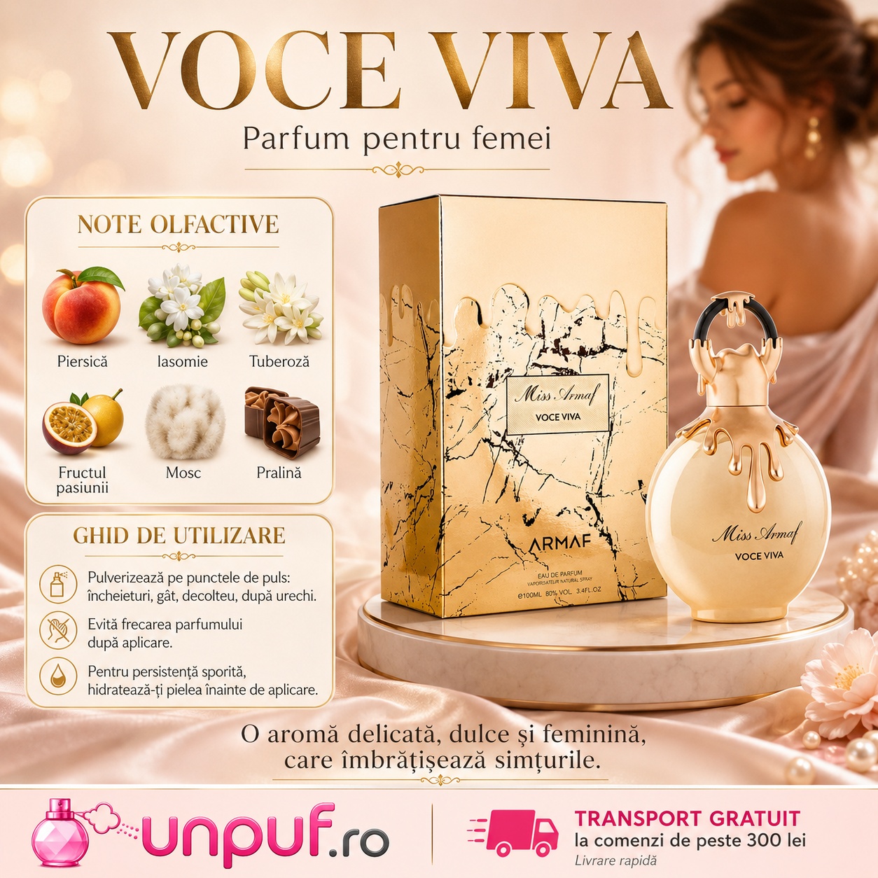 Armaf Miss Voceviva parfum pentru femei cu note de piersică, iasomie, tuberoză, fructul pasiunii, mosc și pralină
