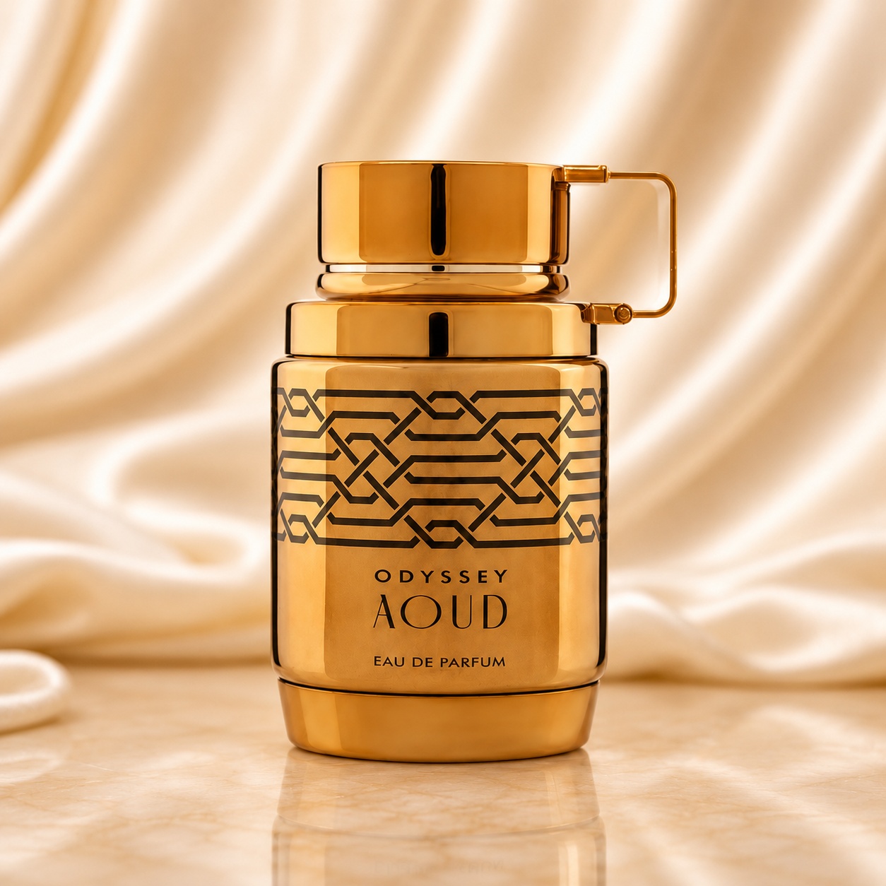 Flacon Armaf Odyssey Aoud 100 ml auriu cu model geometric negru și capac modern