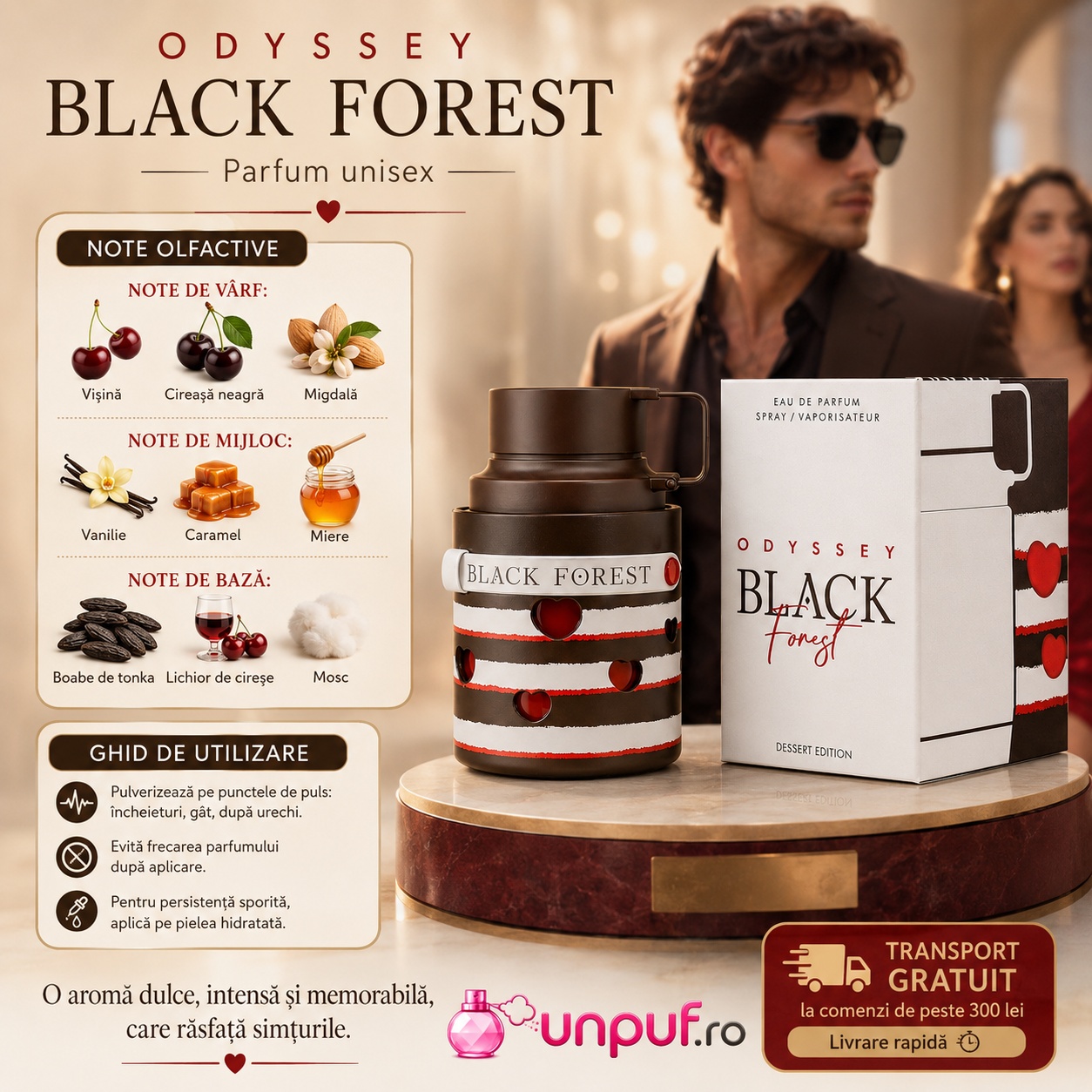 Odyssey Black Forest parfum unisex cu vișină, cireașă neagră, migdală, vanilie, caramel, miere, tonka, lichior de cireșe și mosc
