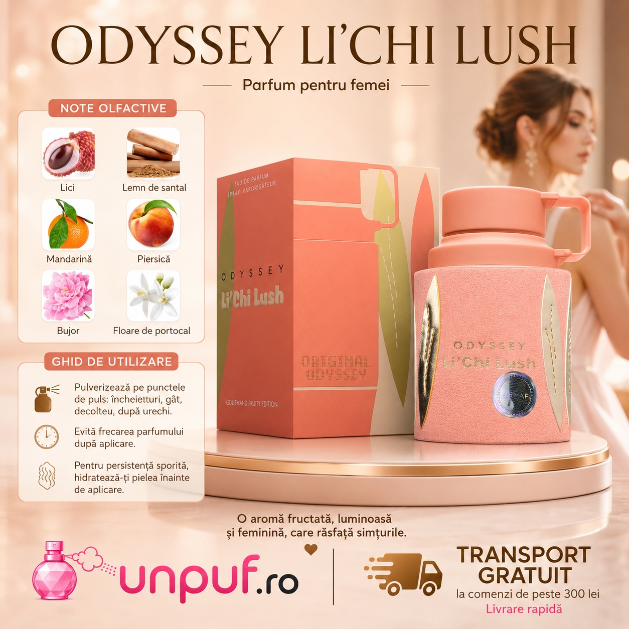 Odyssey Lichi Lush parfum pentru femei cu lici, mandarină, piersică, bujor, floare de portocal și lemn de santal