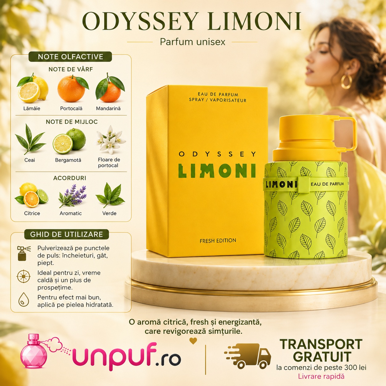 Odyssey Limoni parfum unisex cu lăm&acirc;ie, portocală, mandarină, ceai, bergamotă, floare de portocal și acorduri verzi