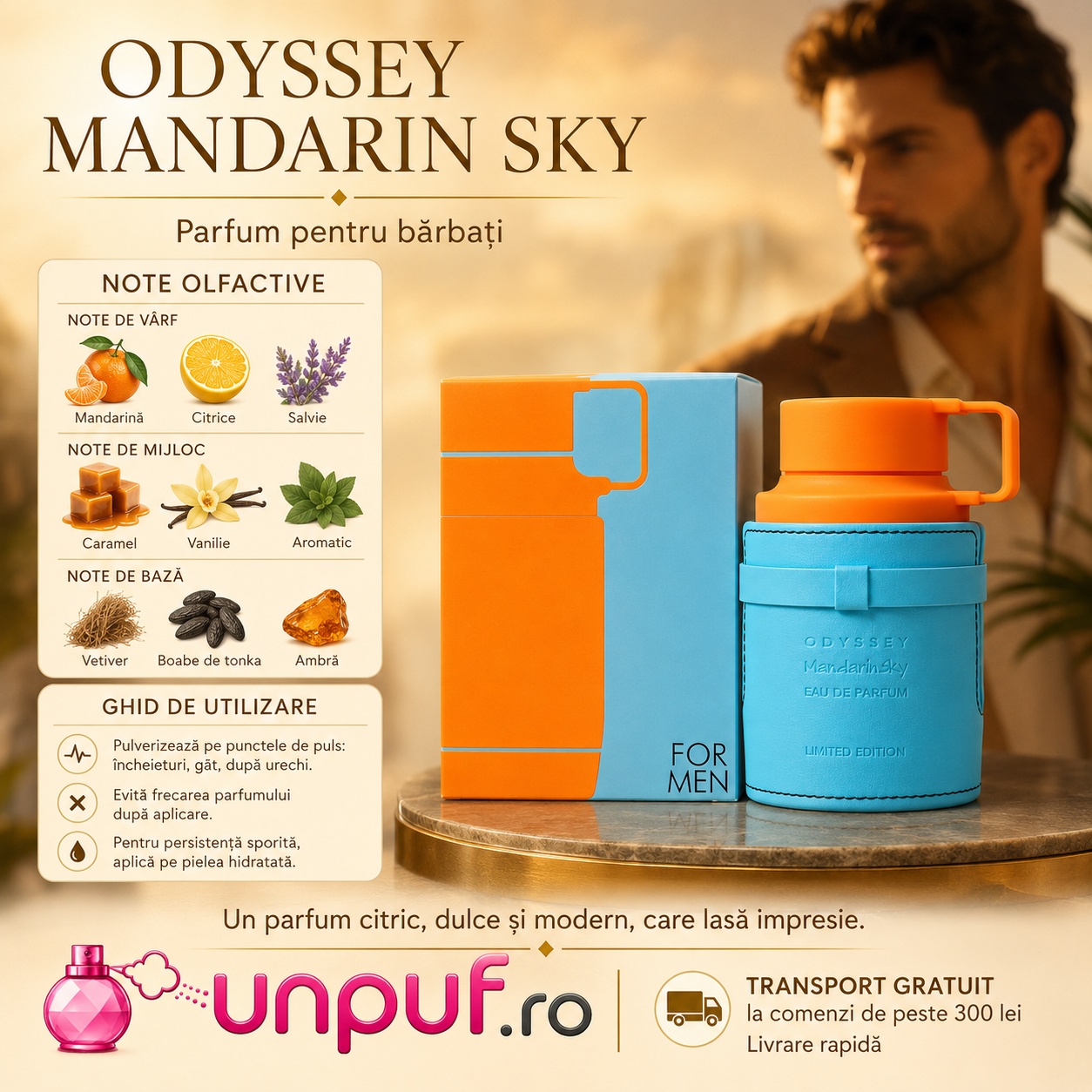 Odyssey Mandarin Sky parfum pentru bărbați cu mandarină, citrice, salvie, caramel, vanilie, vetiver, boabe de tonka și ambră