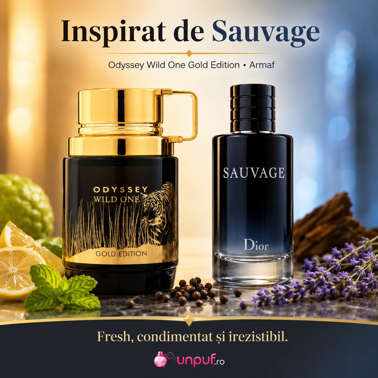 Armaf Odyssey Wild One Gold Edition inspirat de Sauvage, parfum fresh condimentat și irezistibil