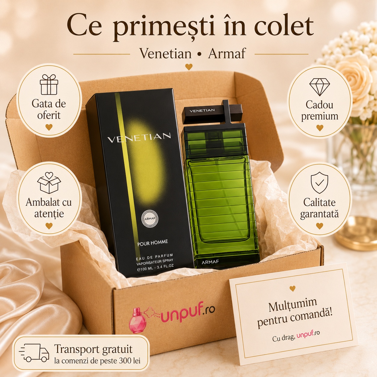 Ce primești &icirc;n colet Armaf Venetian Pour Homme 100 ml parfum original, cutie premium și ambalare atentă