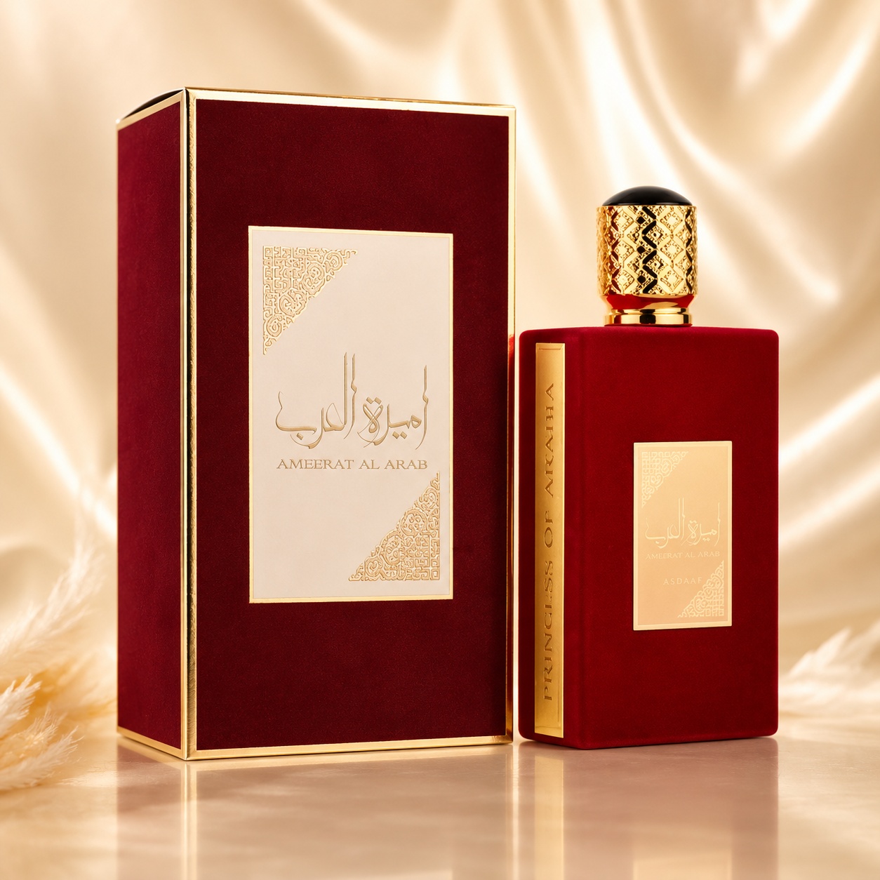 Parfum Arăbesc Asdaaf Ameerat Al Arab 100 ml pentru damă cu flacon roșu catifelat, capac auriu și cutie premium elegantă