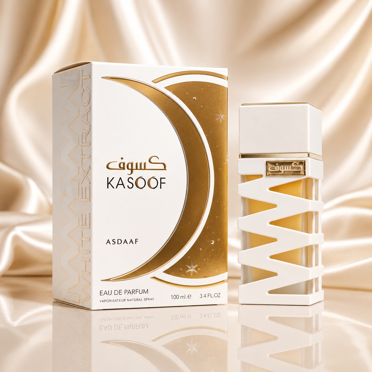 Parfum Asdaaf Kasoof White Extract 100 ml pentru damă, sticlă albă și cutie premium aurie