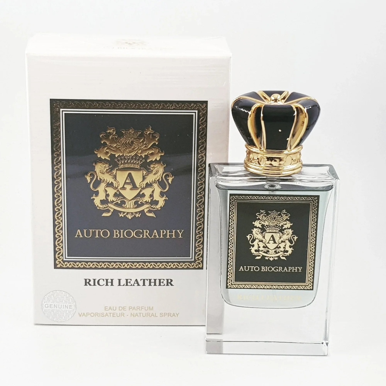 Cutie originală Autobiography Rich Leather 50 ml și flacon transparent cu capac negru auriu
