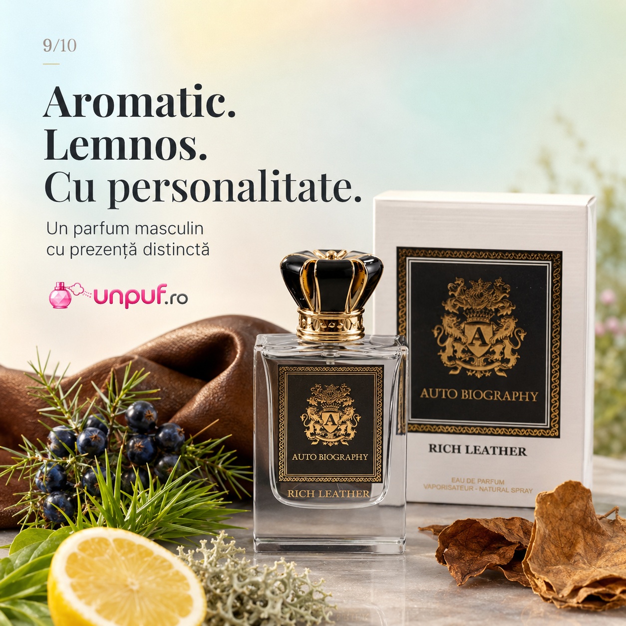 Autobiography Rich Leather parfum aromatic lemnos cu personalitate, piele, ienupăr, lăm&acirc;ie și tutun