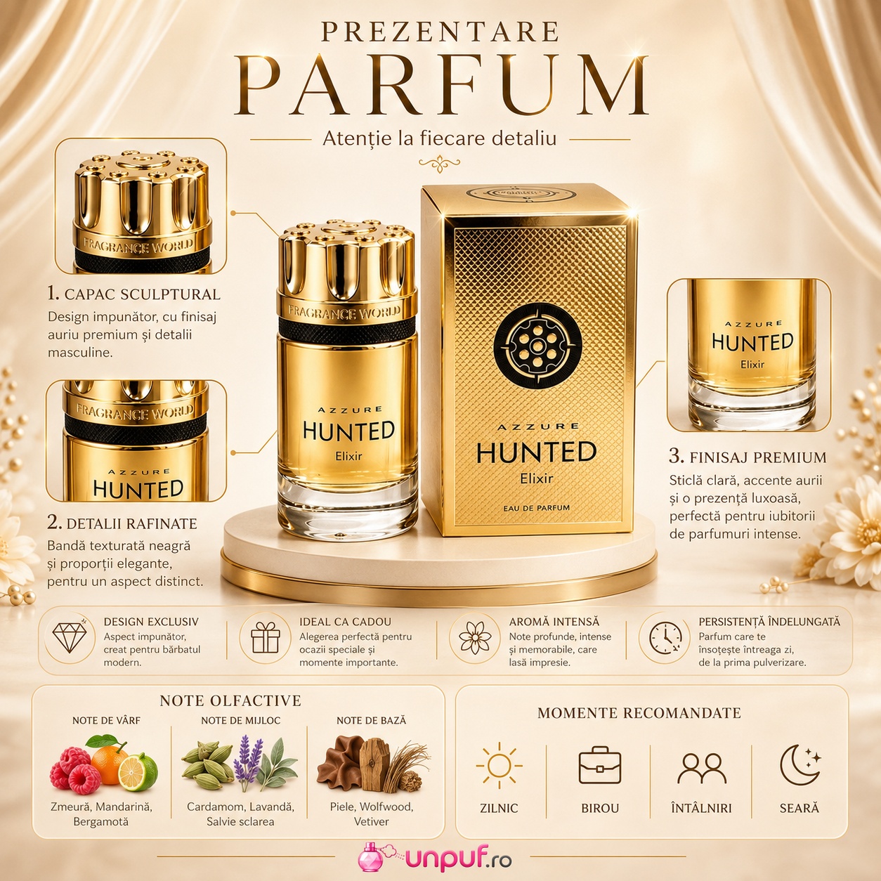 Prezentare Azzure Hunted Elixir cu capac sculptural, detalii rafinate, finisaj premium și note olfactive