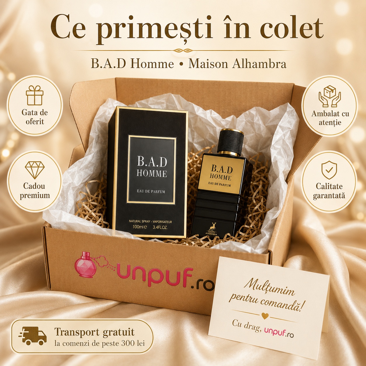 Colet parfum B.A.D. Homme Maison Alhambra ambalat cu atenție, cadou premium și card de mulțumire unpuf.ro